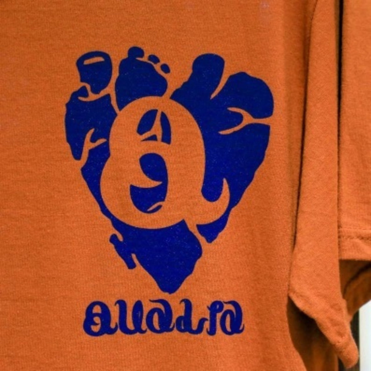 QUALIAロゴ入り赤茶Tシャツ|バックに星とグラフィックがデザインされたストリート系プリントTシャツ画像2